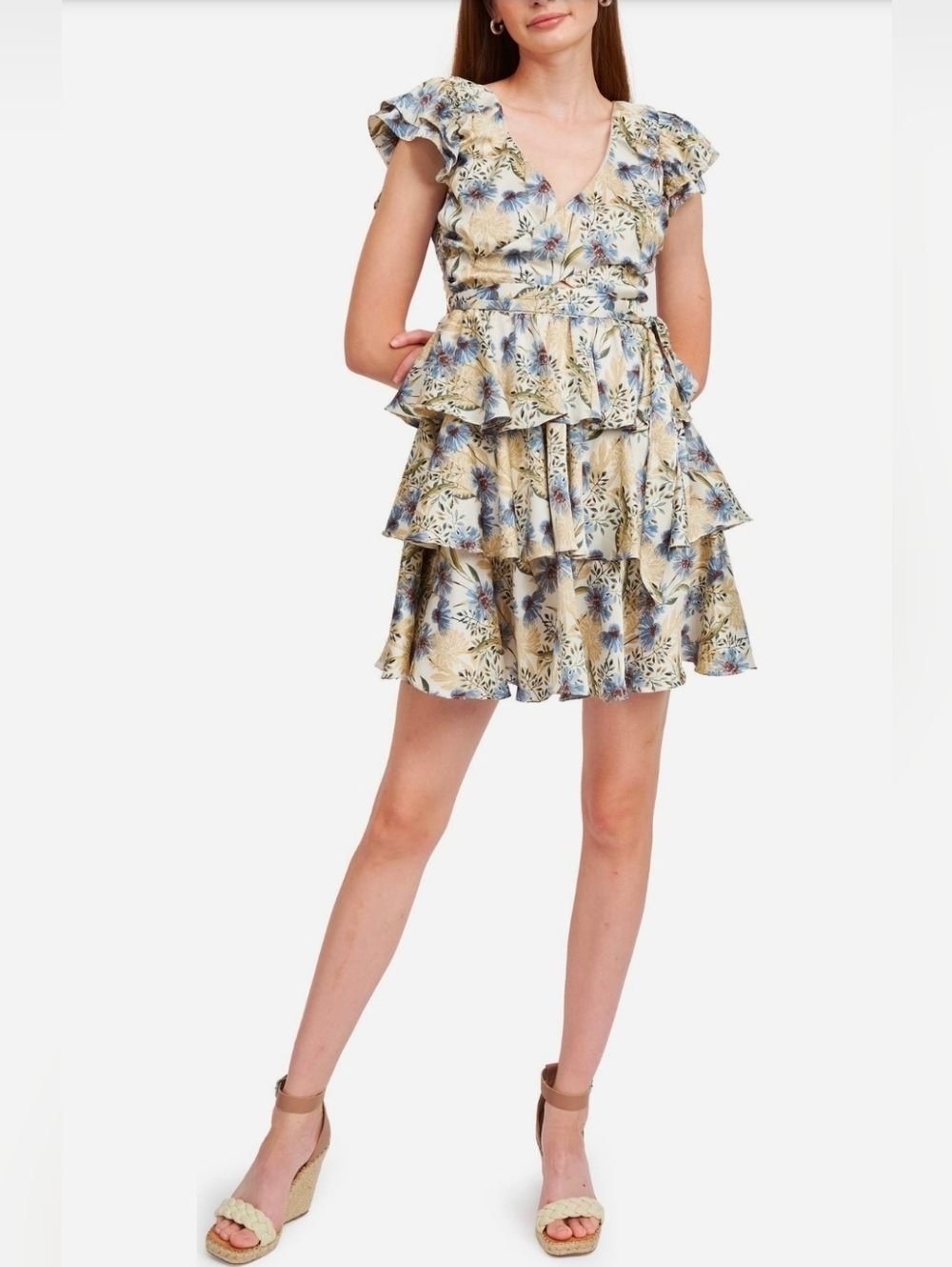 NWT! En Saison, Dahlia Floral Tiered Cap Sleeve Back Cutout Minidress, MSRP $162 - Picture 7 of 8